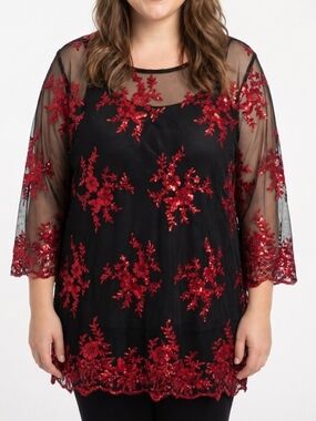 CATHERINES SHEER SEQUIN EMBROIDERED BLOUSE SZ 1X